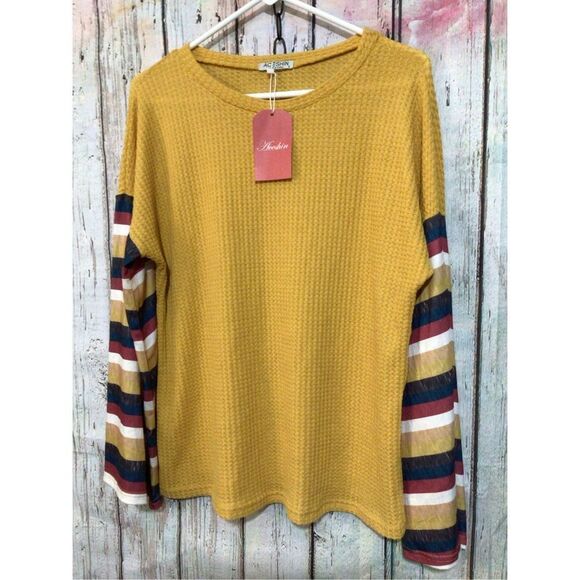 NWT Aceshin Gold Waffle Pattern Top with Colorful Sleeves Size Small ❤️💕 - Picture 12 of 13